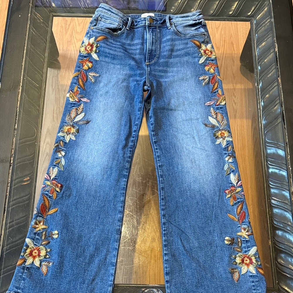 Driftwood Charlee wide leg jeans with embroidered flowers